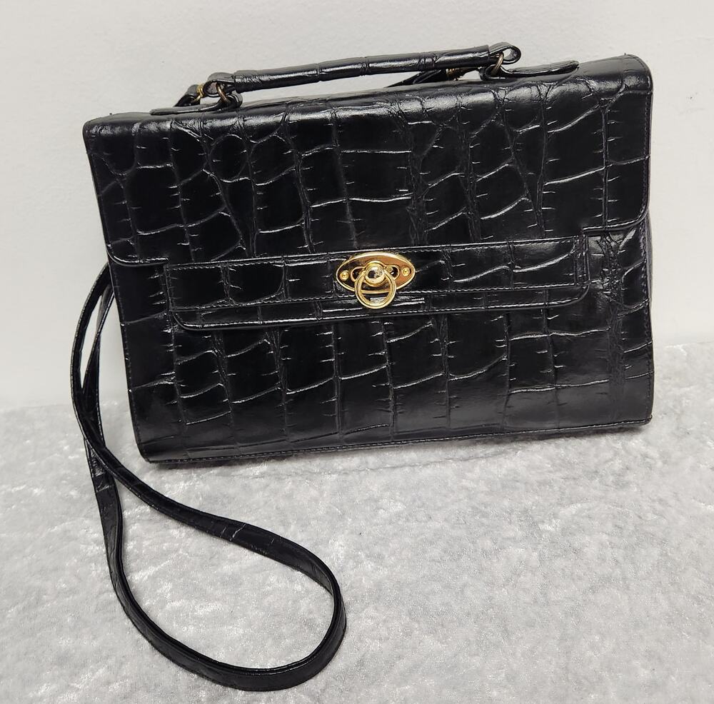 Vintage Jackson Black Faux Crocodile Embossed Briefcase Crossbody Handbag
